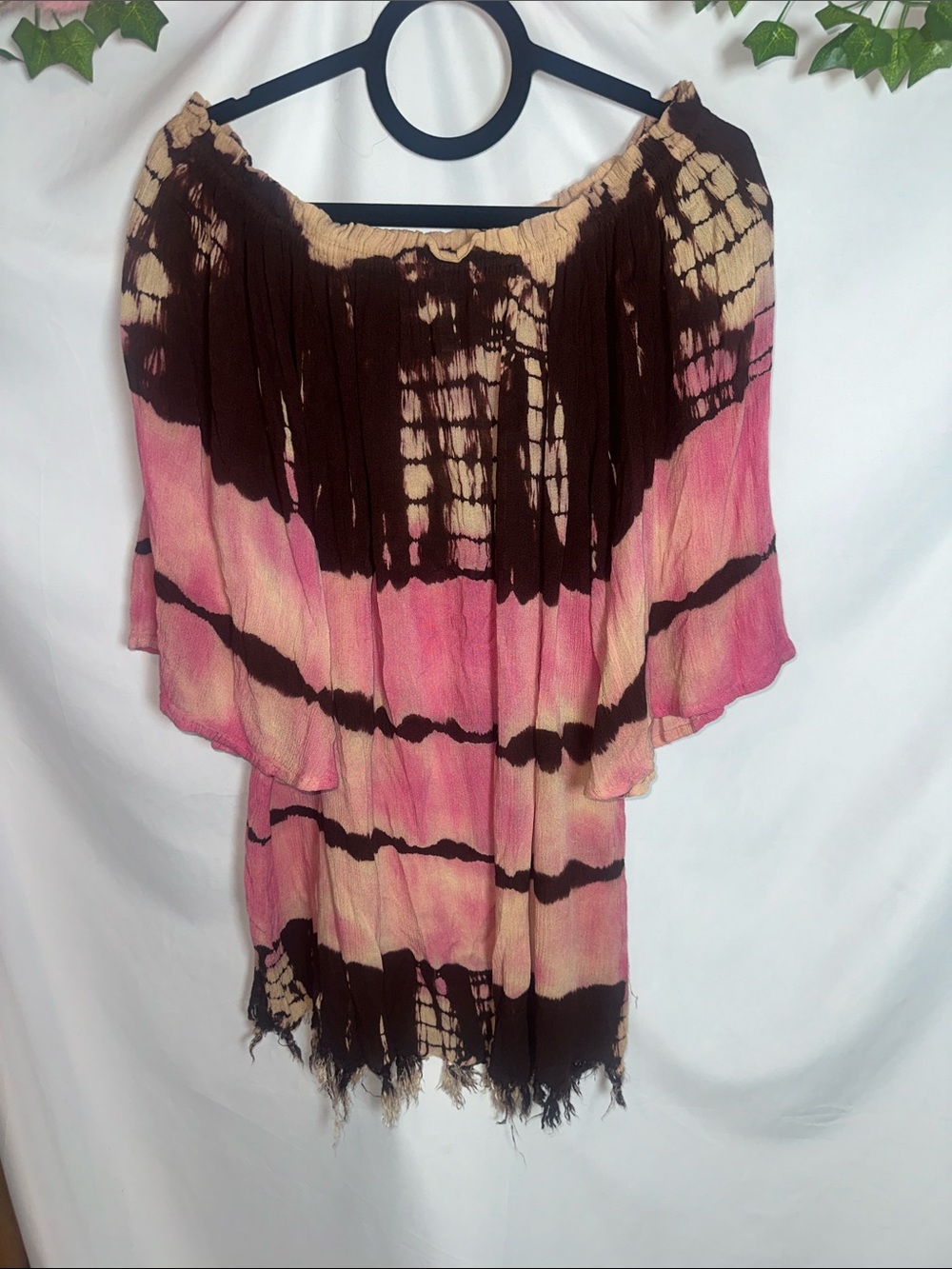 Pink and Brown Tie-Dye Off-Shoulder Blouse